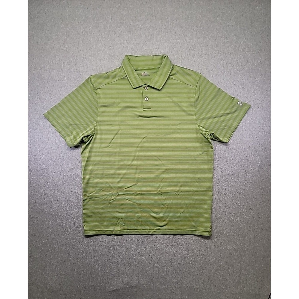 Under Armour HeatGear Polo Shirt Mens Large Green Striped Golf Short‎ Sleeve